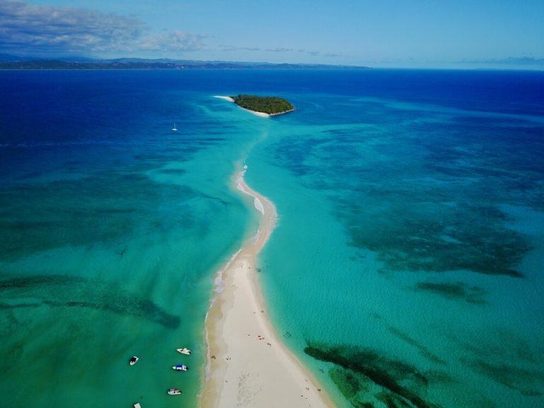 Aerial view of Nosy Iranja , Madagascar north , a wonderful sand strip of Indian Ocean, with a blue sea and white sand