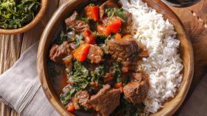 Malagasy national dish romazava beef stew greens tomatoes ginger rice